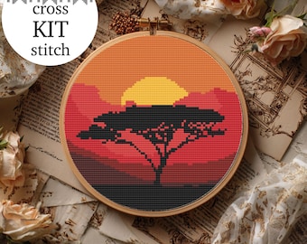 Savannah Sunset Acacia Tree Cross Stitch Kit: Beginner DIY Embroidery Set