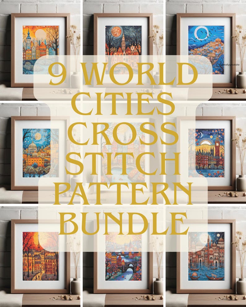 Europe Cityscapes Cross Stitch Pattern Bundle: 9 Travel Embroidery Designs (PDF Download image 1