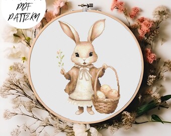 Conejito de Pascua con cesta - Patrón de punto de cruz de Pascua, patrón en PDF, bordado de Pascua, bricolaje, decoración con bordado de conejo