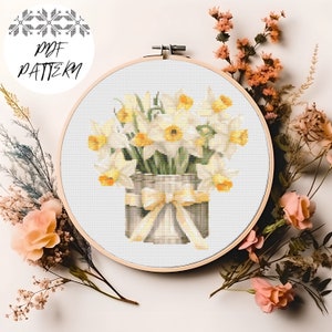 Daffodil Bouquet Cross Stitch Pattern: Spring Floral Embroidery (PDF Download)