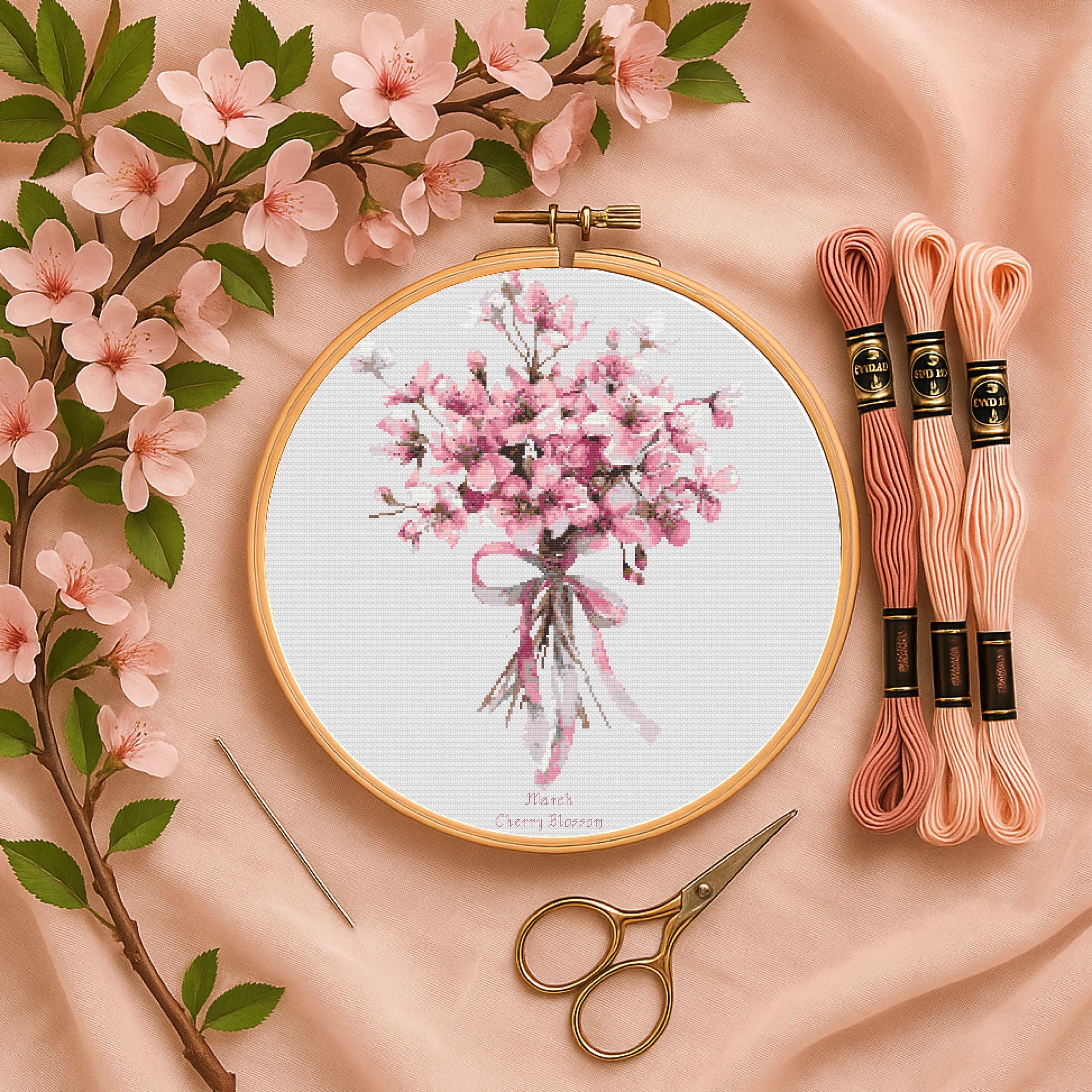 Cherry Blossom Cross Stitch Pattern: March Birth Flower Embroidery