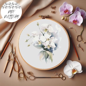 Patrón de orquídea para bordado en PDF: diseño botánico de bordado, elegante descarga digital, arte moderno de orquídeas para regalo o decoración.
