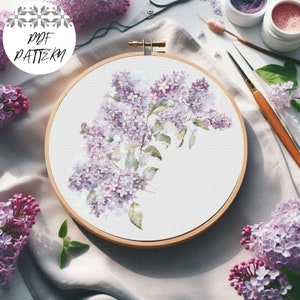 Patrón de punto de cruz de ramo de lilas en PDF: diseño de bordado floral, descarga digital botánica, arte de aro de lilas primaverales para regalar o decorar