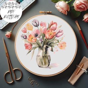 Tulpen Blumenstrauß Kreuzstichmuster PDF - Frühling Blumen Stickmuster, Botanischer digitaler Download, Tulpen Hoop Art für Geschenk oder Dekor