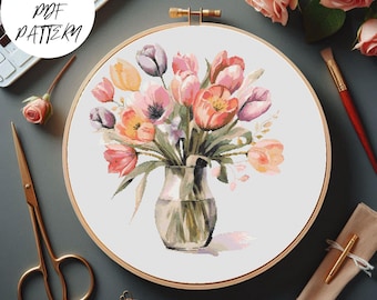 Tulips Bouquet Cross Stitch Pattern: Spring Floral Embroidery (PDF Download)