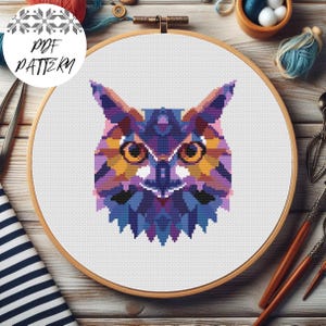 Geometric Owl Cross Stitch Pattern: Low Poly Embroidery (PDF Download)