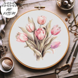 Bouquet di tulipani - Schema punto croce, schema PDF, ricamo floreale, fai da te, regalo, decorazione da ricamo, compatibile con Pattern Keeper