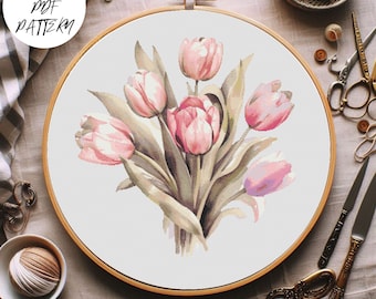 Kruissteekpatroon tulpenboeket: bloemenborduurontwerp (pdf-download)