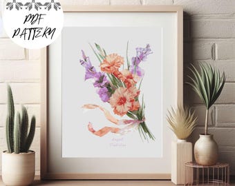August Geburtsblume Kreuzstich-Muster: Gladiolus-Stickerei (PDF herunterladbares Design