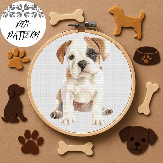 American Bulldog Puppy Cross Stitch Pattern: Kids Embroidery DIY