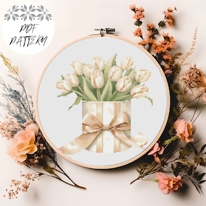 Tulpenboeket kruissteekpatroon, pdf-patroon, bloemenborduurwerk, doe-het-zelf, cadeau, borduurdecor, compatibel met patroonhouder