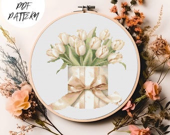 Kruissteekpatroon tulpenboeket: geborduurde lentebloemen (pdf-download)