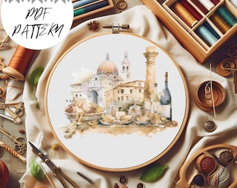 Italian Dinner Cross Stitch Pattern – Rome, Venice Embroidery (PDF Pattern)