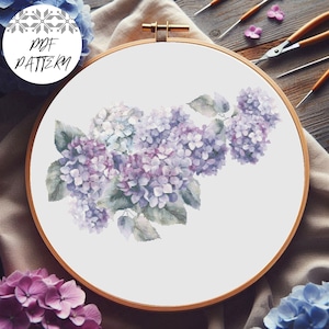 Hortensien Strauß Kreuzstich Muster PDF - Stickerei Blumenmuster, botanische digitaler Download, blaue Hortensien Hoop Art für Geschenk oder Dekor
