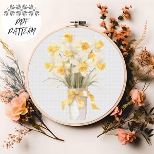 Daffodils Bouquet Cross Stitch Pattern: Spring Floral Embroidery (PDF Download)