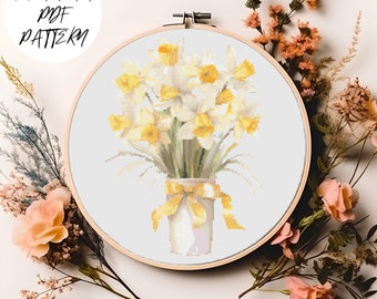 Daffodils Bouquet Cross Stitch Pattern: Spring Floral Embroidery (PDF Download)