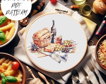 Italian Picnic Cross Stitch Pattern – Wine & Bread (PDF Pattern)