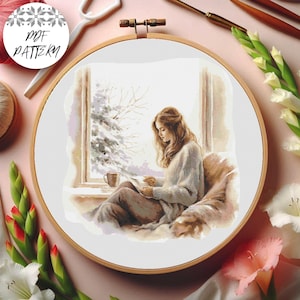 Ragazza alla finestra - Schema punto croce, schema PDF, ricamo, fai da te, decorazione ricamo donna, compatibile con Patter Keeper