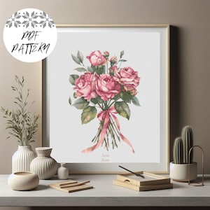 Juni roos geboorte bloem kruissteekpatroon pdf – romantische bloemenborduurwerk, digitale download hoepelkunst voor verjaardag of decor