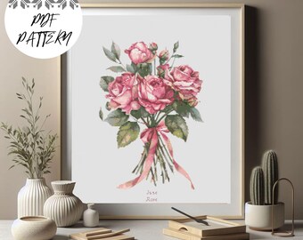 Rose Cross Stitch Pattern: June Birth Flower Embroidery (PDF Download)