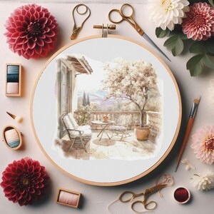 Kit De Broderie (Point De Croix) - 'Beautiful Patio' - Toile 14 Fils - Neuf