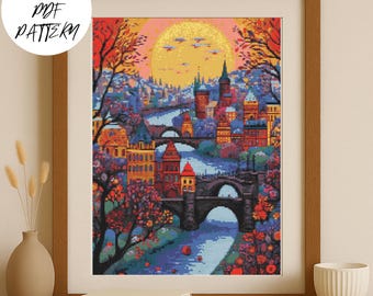 Prague Cross Stitch Pattern: Old Town Cityscape Embroidery (PDF Digital Download