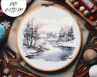 Winter Forest River Cross Stitch Pattern: Deer & Santa Embroidery (PDF Pattern)