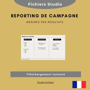 Peut inclure: Un tableau blanc et gris avec le titre "Reporting de Campagne" et le sous-titre "Mesures des Resultats". Le tableau est divisé en trois sections : "Brief Initial", "Strategies" et "Details". Chaque section contient des puces avec du texte en français.