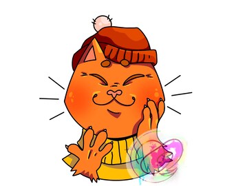Puede incluir: Un gato naranja de dibujos animados con un gorro rojo de punto con un pompón blanco y un suéter amarillo. El gato tiene una expresión feliz y se sonroja.