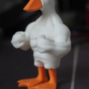 May include: A white, 3D-printed figurine of a muscular goose with an orange beak and feet. The goose has defined muscles and is posed as if flexing. The figurine is a novelty item.