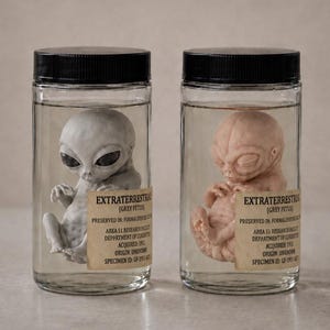 May include: Two clear glass jars with black lids, each containing a small extraterrestrial fetus specimen. One figure is grey, the other is flesh-toned. Each jar features a vintage-style label reading EXTRATERRESTRIAL (GREY FETUS) PRESERVED IN: FORMALDEHYDE AREA 51 RESEARCH FACILITY DEPARTMENT OF CURIOSITIES ACQUIRED: 1951 ORIGIN: UNKNOWN SPECIMEN ID: GF-1951-001.