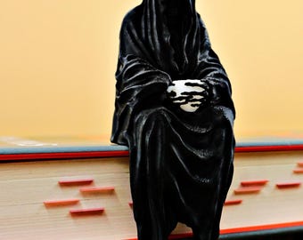 Grim Reaper on the Shelf Holding cup of Tea | Funny Halloween Decor | Spooky Book Nook Figurine | Creepy Shelf Buddy