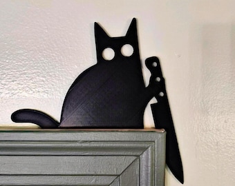 Black Cat with Knife Door Topper | Funny Halloween Cat Décor | Creepy Cute Door Frame Decor