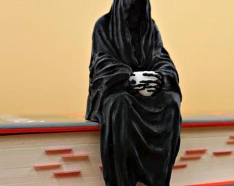 Grim Reaper Shelf Buddy | Funny Halloween Decor | Spooky Book Nook Decor | Reaper Holding a Cup of Tea, Gothic Figurine