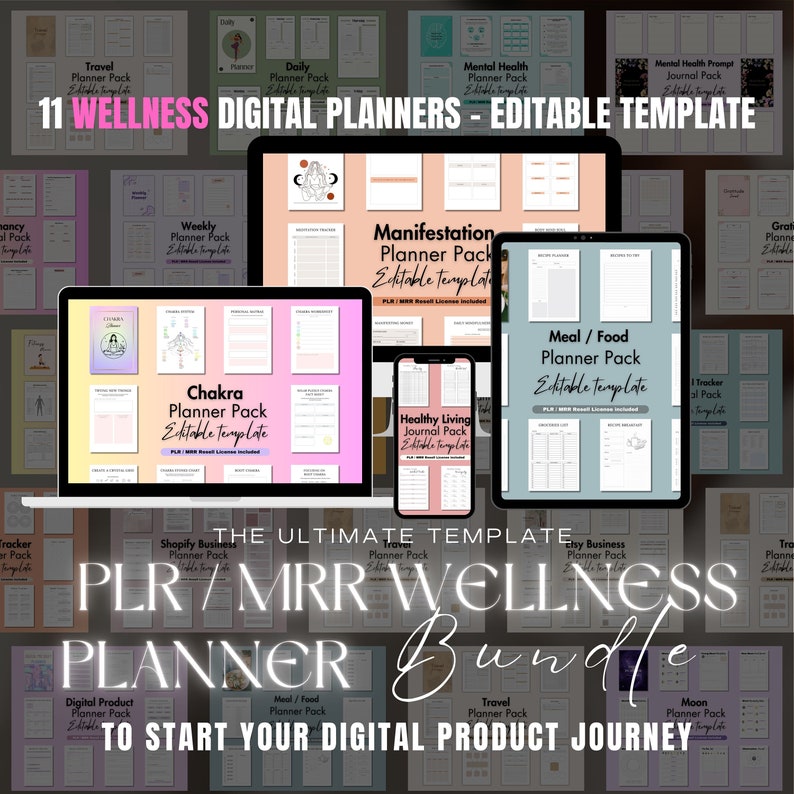Op de afbeelding: Een collage van digitale planner sjablonen voor welzijn, waaronder een chakra planner, een manifestatie planner, een maaltijd planner en meer. De tekst "PLR/MRR WELLNESS PLANNER Bundle" wordt weergegeven in grote, vetgedrukte letters. De tekst "TO START YOUR DIGITAL PRODUCT JOURNEY" wordt weergegeven onder de titel van de bundel.