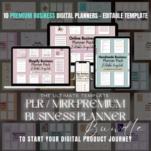 Op de afbeelding: Een collage van digitale planner sjablonen voor verschillende zakelijke niches, waaronder Etsy, Shopify, online business, handgemaakte business en reizen. De tekst "PLR / MRR PREMIUM BUSINESS PLANNER Bundle" wordt weergegeven in grote, vetgedrukte letters. De tekst "TO START YOUR DIGITAL PRODUCT JOURNEY" wordt weergegeven onder de titel van de bundel.