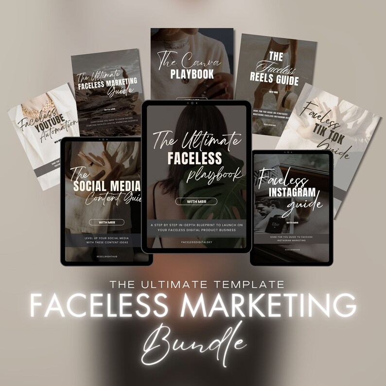 Op de afbeelding: Een verzameling digitale marketinggidsen voor het opzetten van een faceless bedrijf. De gidsen bevatten titels zoals "The Ultimate Faceless Playbook", "Faceless Instagram Guide", "The Canva Playbook" en "Faceless TikTok Guide".