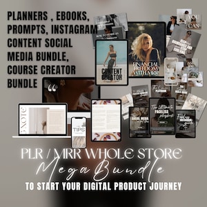 Op de afbeelding: Een digitale productbundel voor het maken van online cursussen en social media-inhoud. De bundel bevat planners, e-books, prompts en Instagram-inhoud. De tekst "PLR/MRR WHOLE STORE Mega Bundle" wordt weergegeven in witte neonletters op een zwarte achtergrond. De tekst "TO START YOUR DIGITAL PRODUCT JOURNEY" wordt onder de bundelnaam weergegeven.