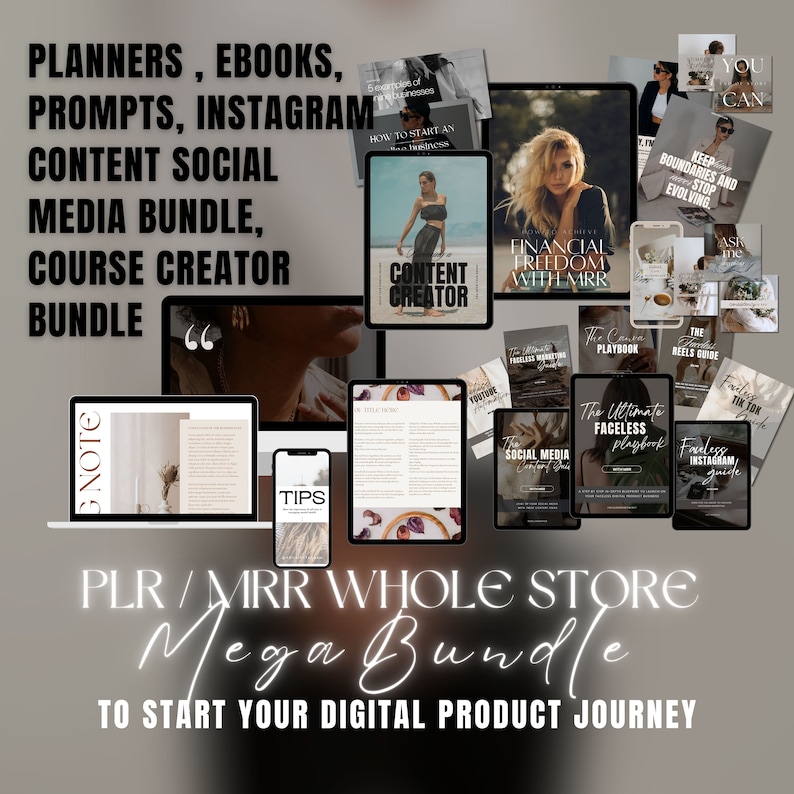 Op de afbeelding: Een digitale productbundel voor het maken van online cursussen en social media-inhoud. De bundel bevat planners, e-books, prompts en Instagram-inhoud. De tekst "PLR/MRR WHOLE STORE Mega Bundle" wordt weergegeven in witte neonletters op een zwarte achtergrond. De tekst "TO START YOUR DIGITAL PRODUCT JOURNEY" wordt onder de bundelnaam weergegeven.