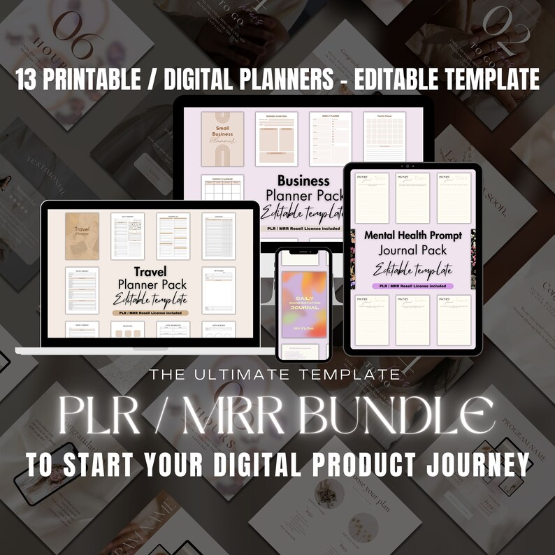Op de afbeelding: Een digitale productbundel voor het maken van printbare en digitale planners. De bundel bevat 13 verschillende planner sjablonen, waaronder een reisplanner, een zakelijke planner en een mental health journal. De tekst "PLR/MRR Bundle" wordt weergegeven in grote, vetgedrukte letters.
