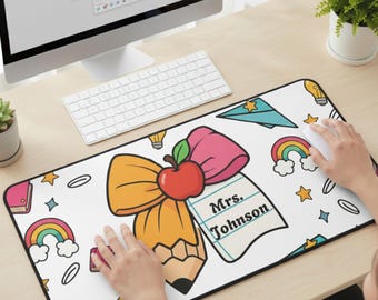 Personalized Teacher Desk Mat, Coquette Pencil Bow Mouse Pad, Office Gift