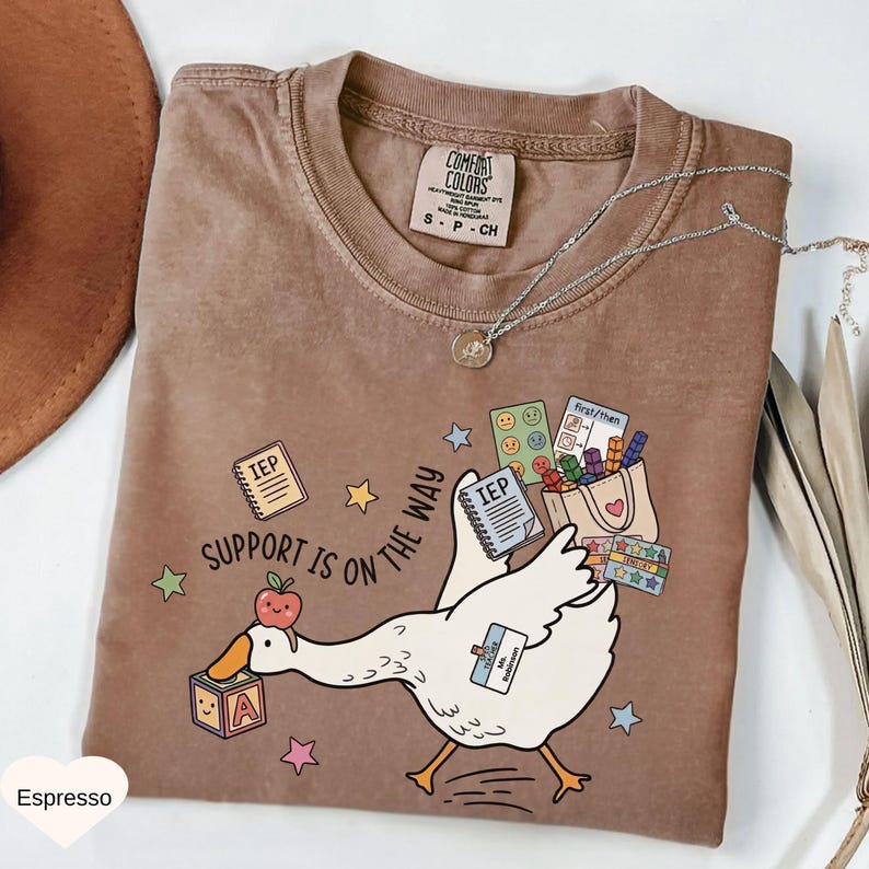 May include: Espresso-colored t-shirt with a whimsical graphic of a white goose carrying school supplies and the text "SUPPORT IS ON THE WAY." The design includes stars, an apple, and the letters "A" and "IEP."