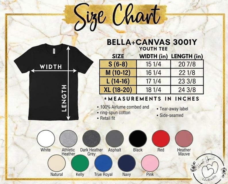 May include: A black youth tee shirt with width and length measurements in inches. The size chart includes measurements for sizes S (6-8), M (10-12), L (14-16), and XL (18-20). The shirt is Bella+Canvas 3001Y.