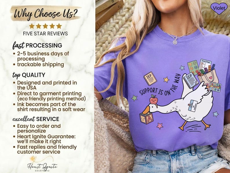 May include: A violet-colored t-shirt features a cartoon goose carrying school supplies and the text "SUPPORT IS ON THE WAY." The design includes stars, an apple, and the letters "IEP" on cards. The shirt also has the text "Why Choose Us?" and "FIVE STAR REVIEWS."