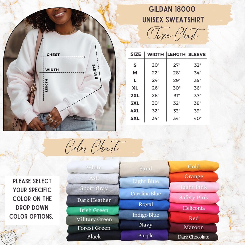 May include: Size chart for a Gildan 18000 unisex sweatshirt, showing measurements in inches for chest, width, length, and sleeve. Color chart shows a variety of colors for the sweatshirt, including white, ash, sport gray, dark heather, Irish green, military green, forest green, black, sand, light blue, Carolina blue, royal, indigo blue, navy, purple, gold, orange, light pink, safety pink, heliconia, red, maroon, and dark chocolate.