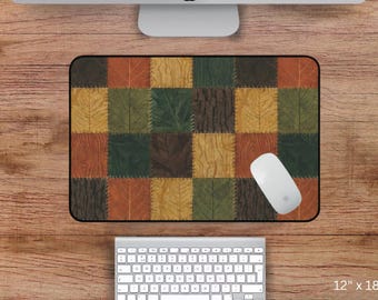 Patchwork Quilt Pattern Desk Mat, Forest Green Burnt Orange Rustic Desk Pad