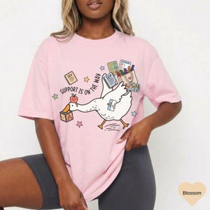 May include: A light pink t-shirt featuring a cartoon goose carrying school supplies. The goose has a block with the letter "A" and an apple on its head. Text on the shirt reads "Support is on the way".