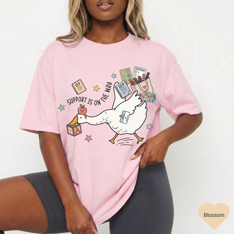May include: A light pink t-shirt featuring a cartoon goose carrying school supplies. The goose has a block with the letter "A" and an apple on its head. Text on the shirt reads "Support is on the way".