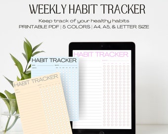 May include: A digital tablet displaying a printable weekly habit tracker in five colors. The tracker has a grid of circles for marking habits and a space for writing the name of the habit. The text on the tablet reads "HABIT TRACKER".