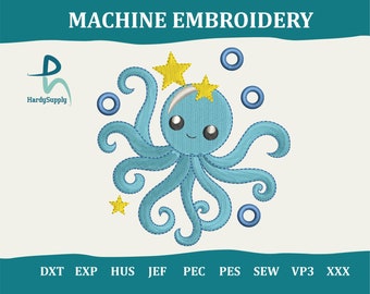 Baby Octopus Design, Embroidered Cute Sea Animals Digital Designs, Machine Embroidery, Instant Download, Dst Sew Pes File, Perfect Stitching